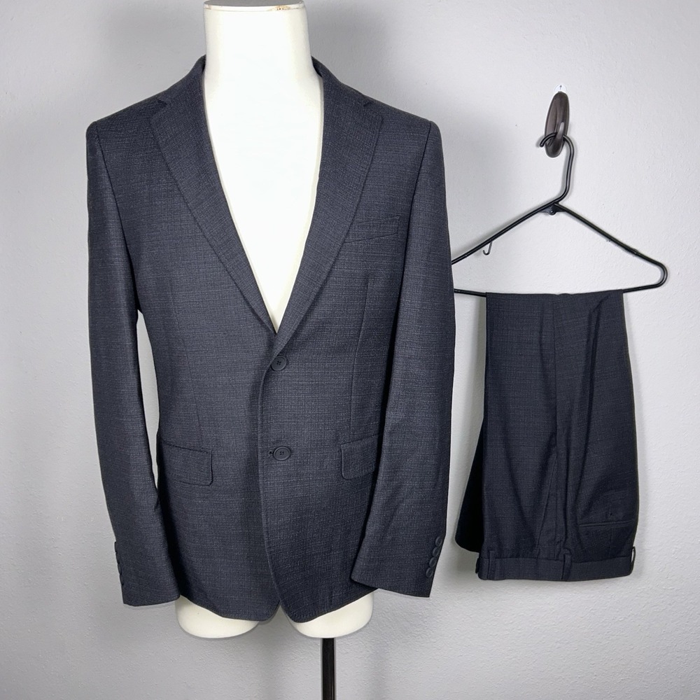 Calvin Klein Mens Two Piece Suit Black Wool Size 41R Slim Fit Pants 34x30.